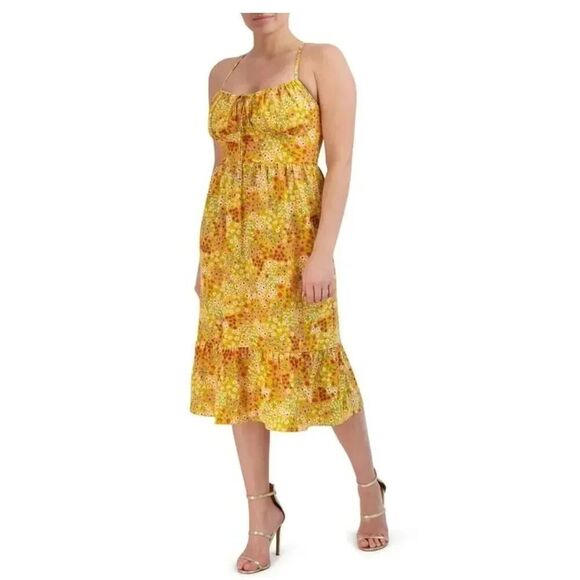 BCBG Paris MilkMaid Baby Doll Dress Midi Mustard Floral Size Medium - Picture 1 of 5